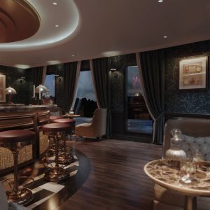 Luxurious hotel lounge with elegant dark decor and ambient lighting for an upscale experience.