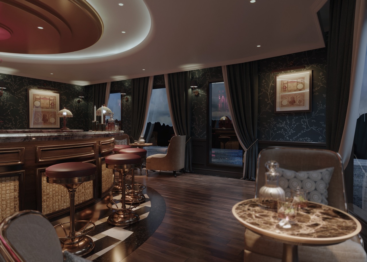 Luxurious hotel lounge with elegant dark decor and ambient lighting for an upscale experience.