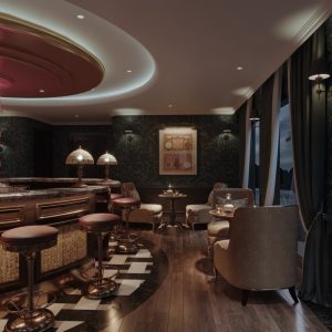 Luxurious hotel bar interior with elegant seating and ambient lighting, ideal for relaxation.