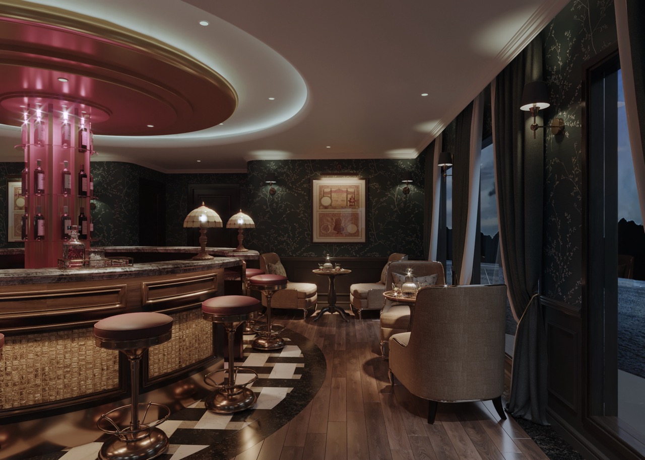 Luxurious hotel bar interior with elegant seating and ambient lighting, ideal for relaxation.
