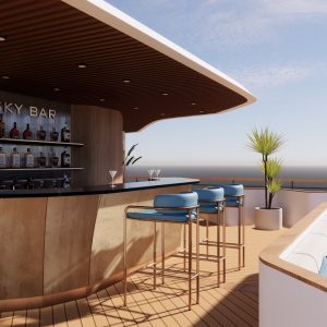 Luxurious rooftop sky bar with modern seating and panoramic ocean view, perfect for cocktails.