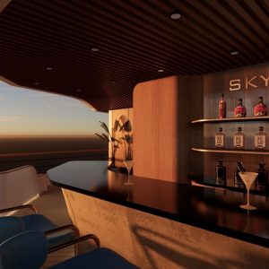 Luxurious rooftop sky bar with modern design and panoramic sunset view in Vietnam.