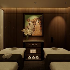 Relaxing spa massage room with healing ambiance and wooden interior decor.