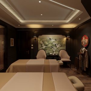 Elegant massage room with Asian artwork and dim lighting, perfect for relaxation at ViettrendTour.