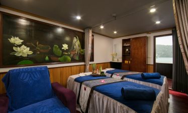 Spa room with massage beds and tranquil ambiance, overlooking scenic landscape through large window.