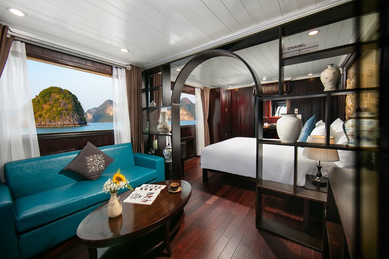 Elegant cruise balcony view of Halong Bay with scenic limestone karsts and calm waters, perfect for.