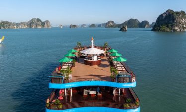 A luxurious cruise deck in Halong Bay with panoramic views and relaxing atmosphere.