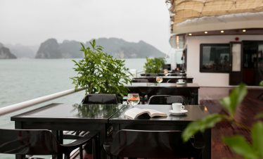 Elegant cruise balcony overlooking Halong Bay with lush greenery and misty islands, perfect for a re.