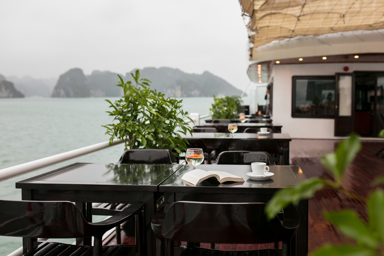 Elegant cruise balcony overlooking Halong Bay with lush greenery and misty islands, perfect for a re.