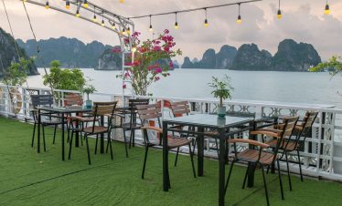 Stunning cruise balcony overlooking Halong Bay with seating, vibrant flowers, and scenic limestone i.