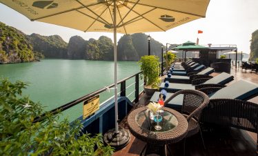 Stunning Halong Bay cruise balcony with scenic views and relaxing atmosphere.