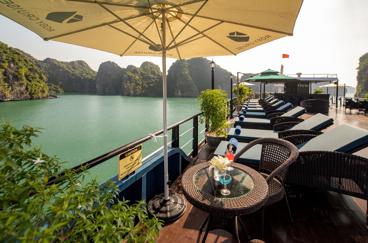 Stunning Halong Bay cruise balcony with scenic views and relaxing atmosphere.