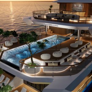 Luxurious cruise ship deck with infinity pool, sun loungers, and panoramic ocean views at sunset.