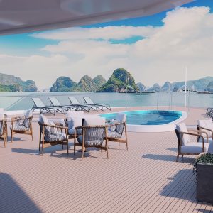 Stunning yacht deck with ocean view and relaxing hot tub in Vietnam.