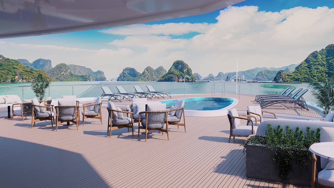 Stunning yacht deck with ocean view and relaxing hot tub in Vietnam.