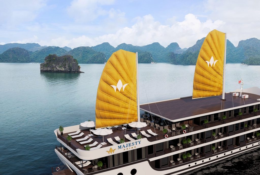 Luxury cruise balcony view of Lan Ha Bay with scenic limestone islands and calm waters.