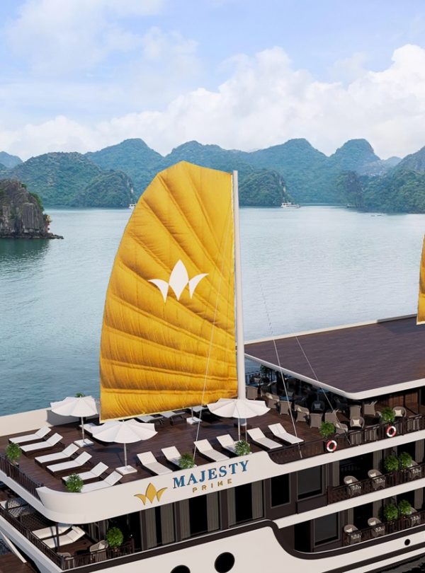 Luxury cruise balcony view of Lan Ha Bay with scenic limestone islands and calm waters.