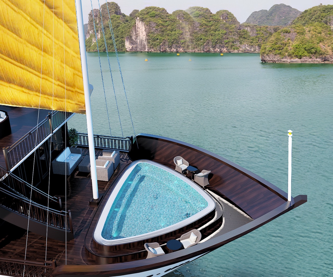Luxury cruise balcony view of Lan Ha Bay with scenic limestone islands and calm waters.