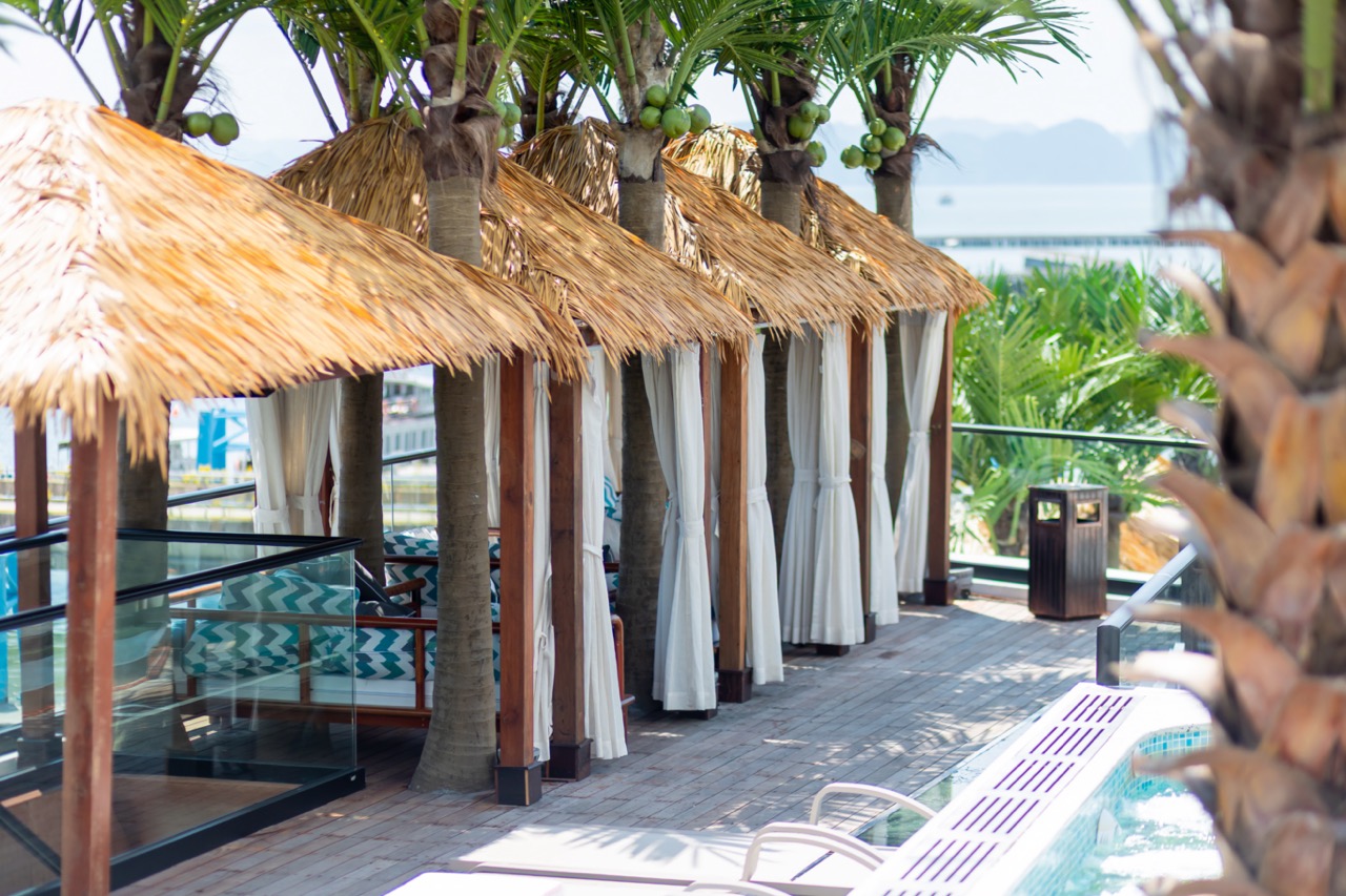Luxurious beach cabanas with palm trees and ocean view.
