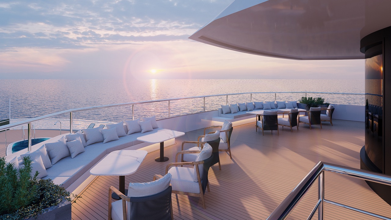 Luxurious yacht deck with ocean sunset, modern seating, panoramic sea views, perfect for relaxing or events.