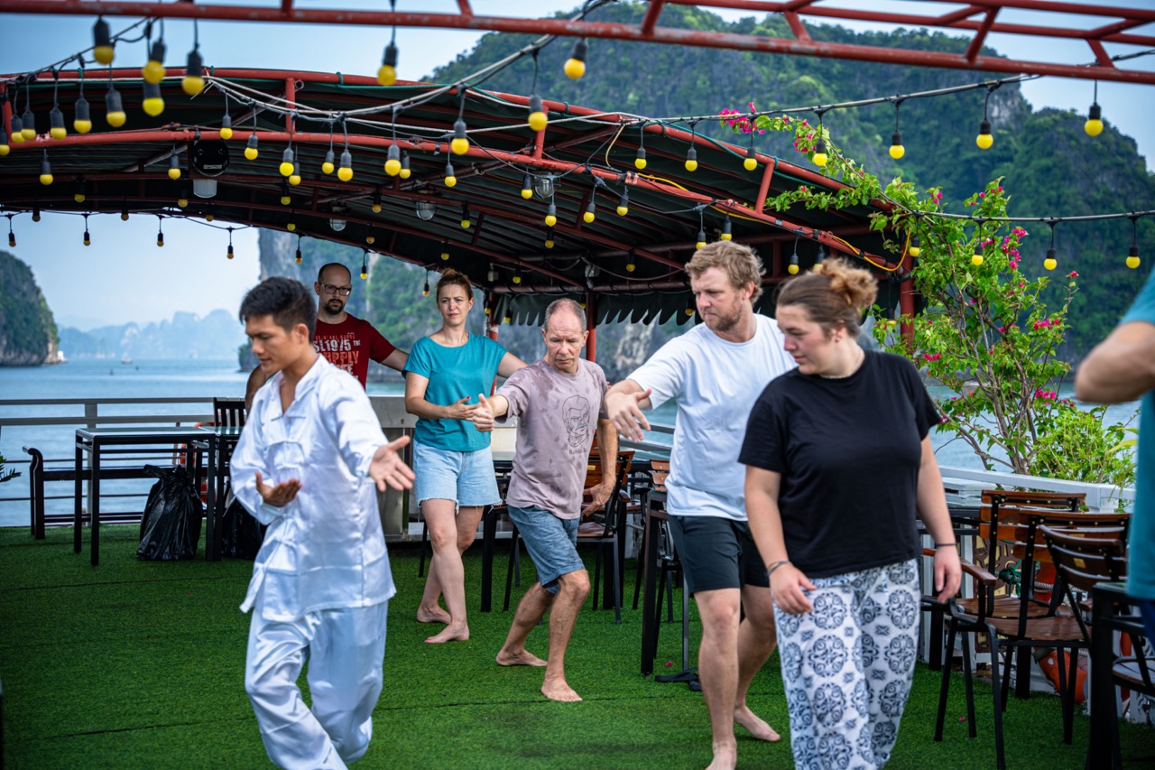 Enjoying lively outdoor party on a Halong Bay cruise deck with scenic limestone karsts in the backgr.