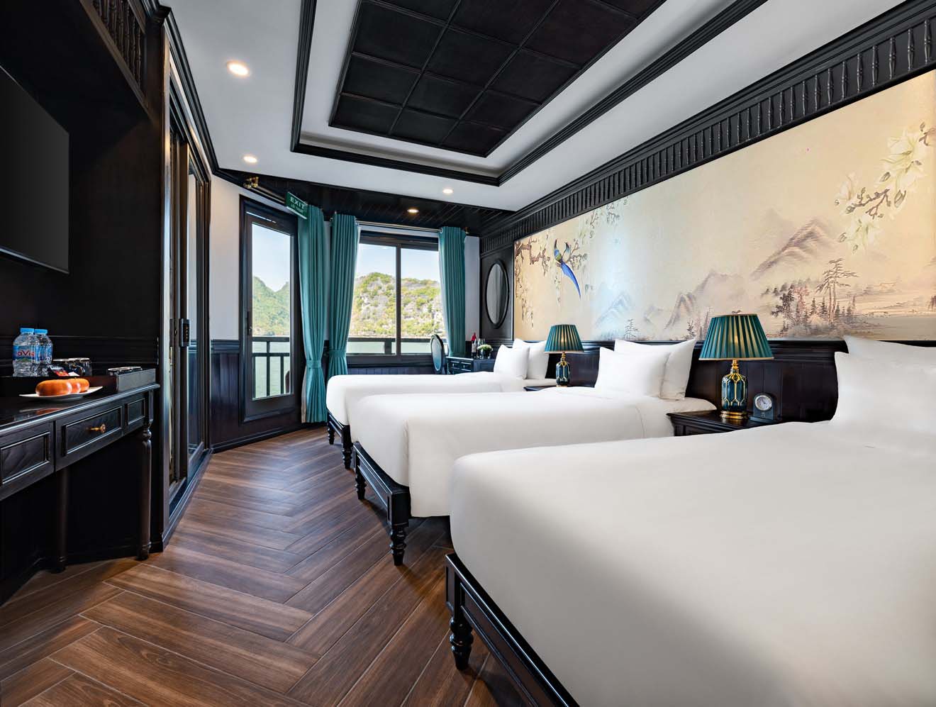 Elegant cruise balcony with stunning views of Halong Bay, perfect for a romantic getaway or luxury v.
