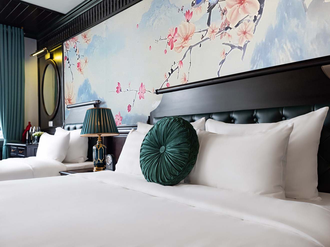 Elegant cruise balcony view of Halong Bay with serene waters and scenic limestone karsts, perfect fo.