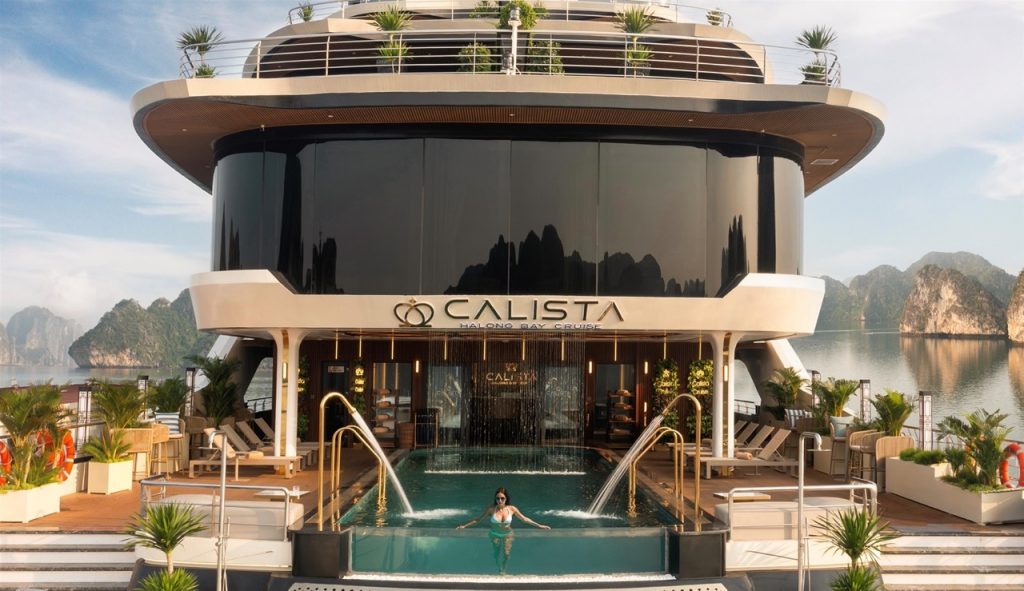 Luxury Halong Bay cruise balcony with scenic views and relaxing atmosphere.