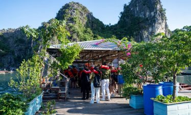 Scenic Bai Tu Long Bay cruise dock with tourists enjoying the view and lush greenery.