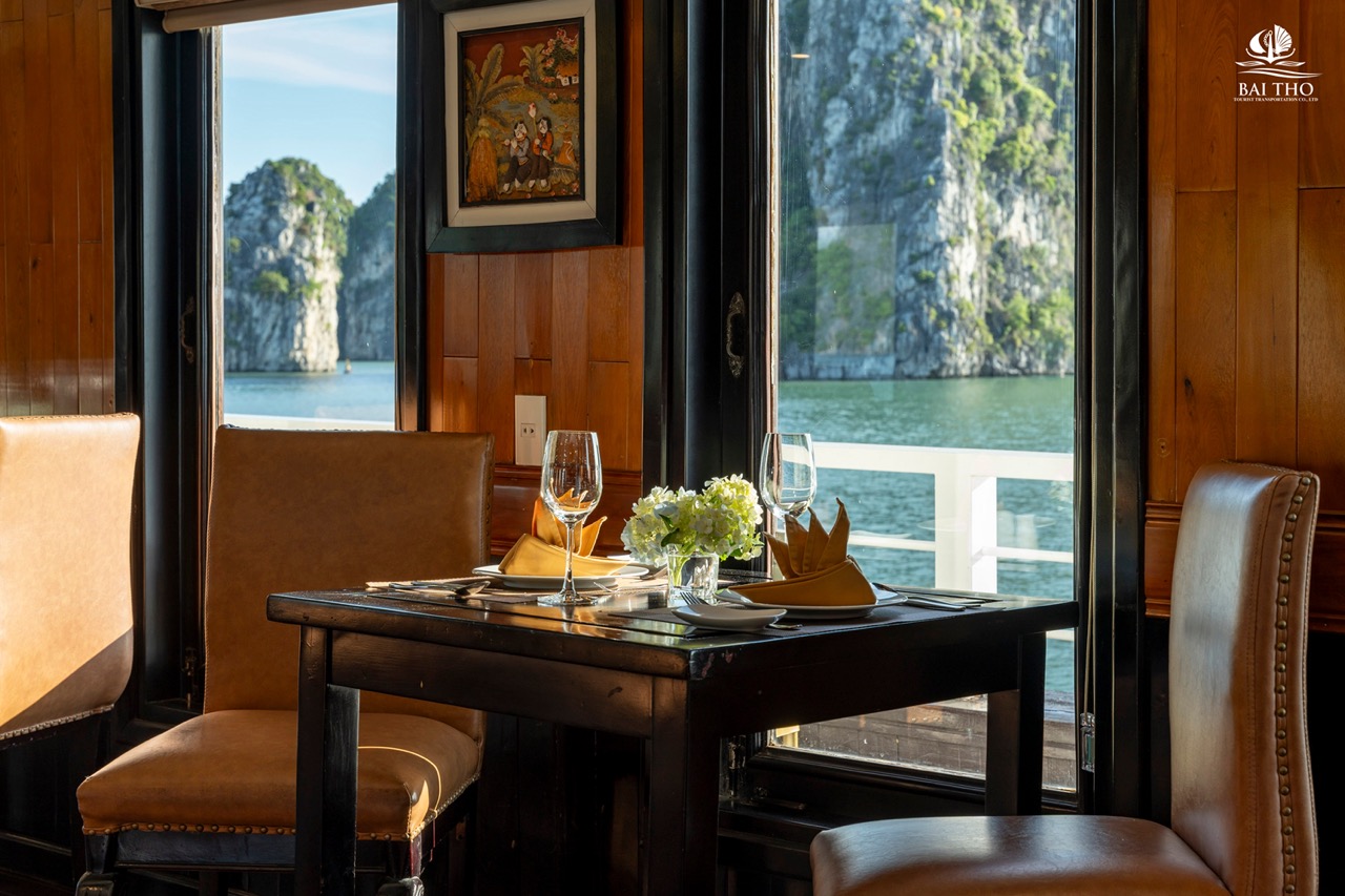 Stunning view of limestone karsts from a cruise balcony in Halong Bay, perfect for relaxing and sigh.