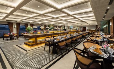 Elegant interior with modern decor, perfect for a relaxing Halong Bay cruise experience.