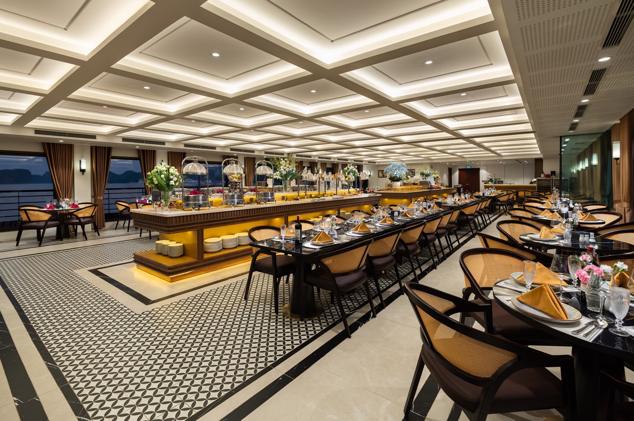 Elegant interior with modern decor, perfect for a relaxing Halong Bay cruise experience.