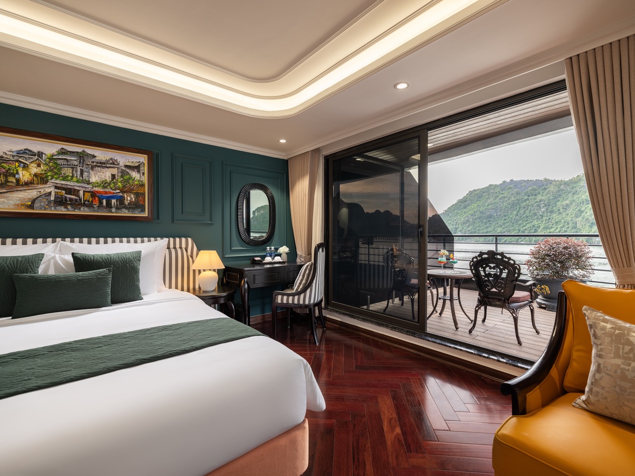 Stunning Lan Ha Bay cruise balcony scene showcasing tranquil waters and lush green islands, perfect.