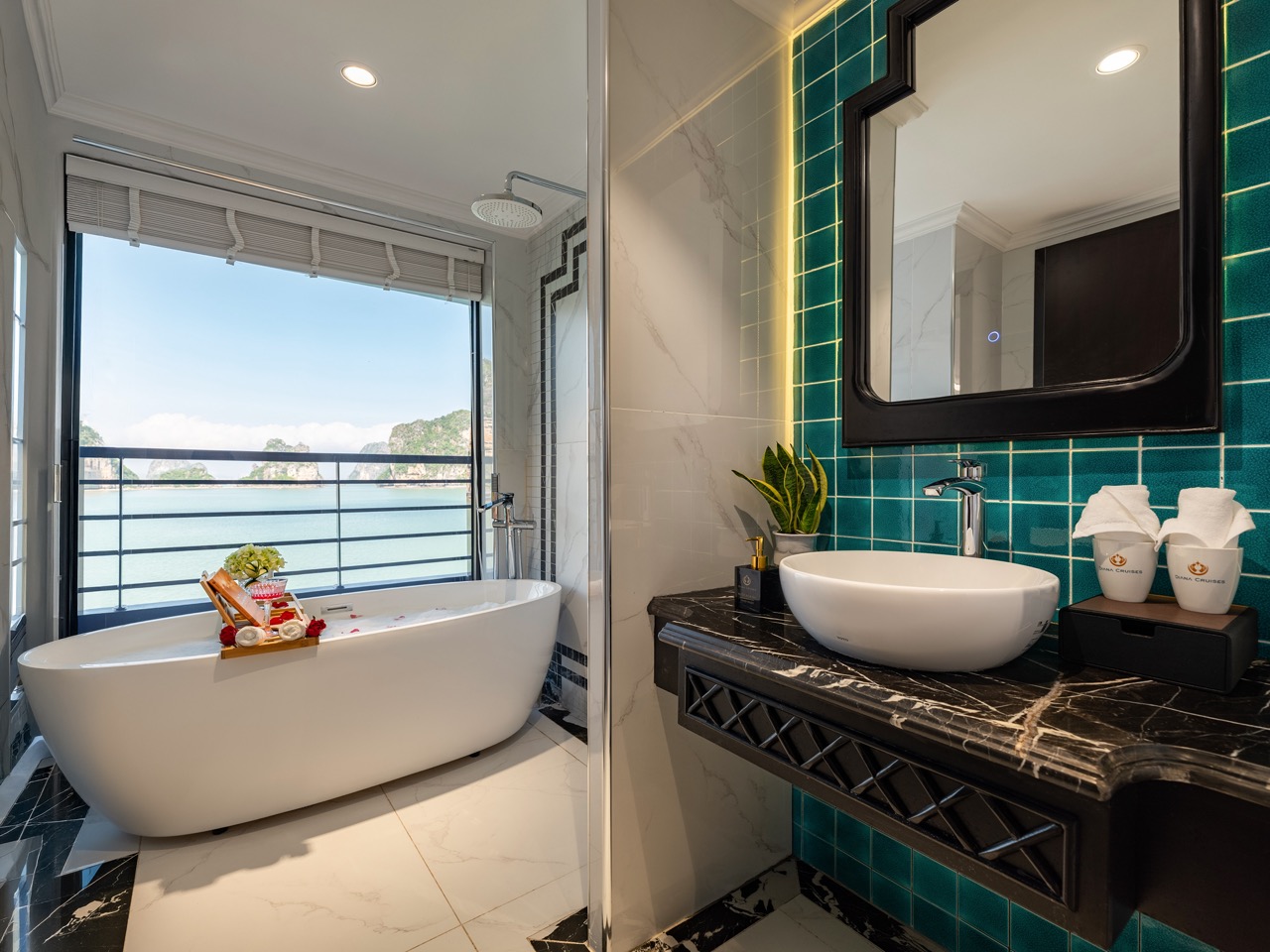 Ocean view luxury cruise bathroom with modern design and relaxing ambiance in Lan Ha Bay.