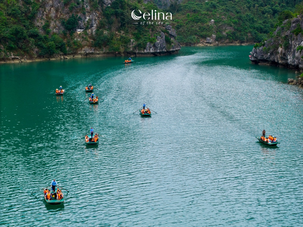 Several small boats with passengers wearing orange life jackets on a calm turquoise bay edged by green cliffs; Celina of the Sea logo at the top.