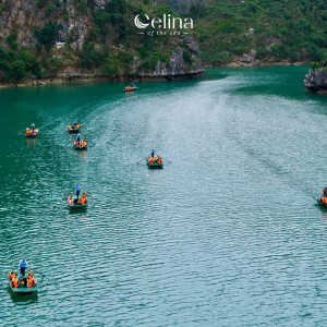 Several small boats with passengers wearing orange life jackets on a calm turquoise bay edged by green cliffs; Celina of the Sea logo at the top.