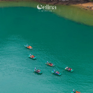Aerial view of multiple small rowboats with passengers in turquoise water near a rocky shoreline, with a Celina logo at the top.