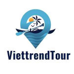 ViettrendTour logo with sun, palm trees, and ocean scene.