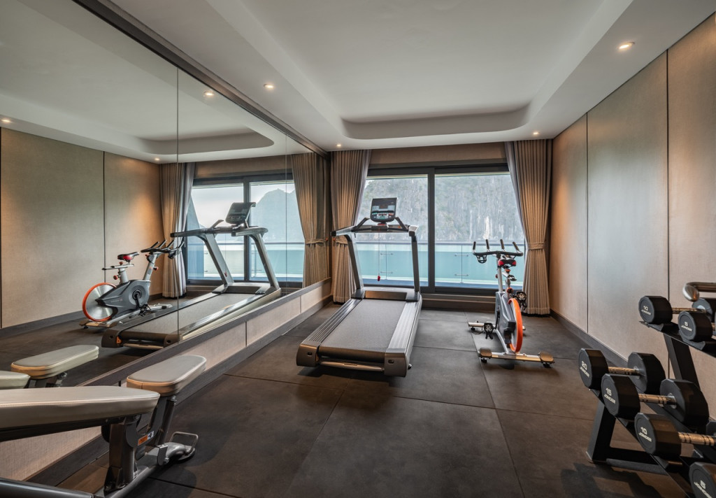 Home gym with a treadmill, stationary bike, and dumbbells, mirrored wall, and a large window offering a mountain-and-water view outside.