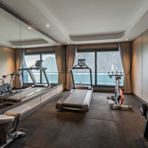Home gym with a treadmill, stationary bike, and dumbbells, mirrored wall, and a large window offering a mountain-and-water view outside.