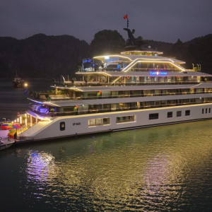Night view of a large white luxury cruise ship docked, glowing neon lights reflecting on the water with smaller boats nearby and hills in the background (Tulip Cruise).
