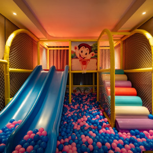 Indoor kids' play area with a blue double slide and a colorful ball pit (pink/blue balls) surrounded by yellow netted walls.