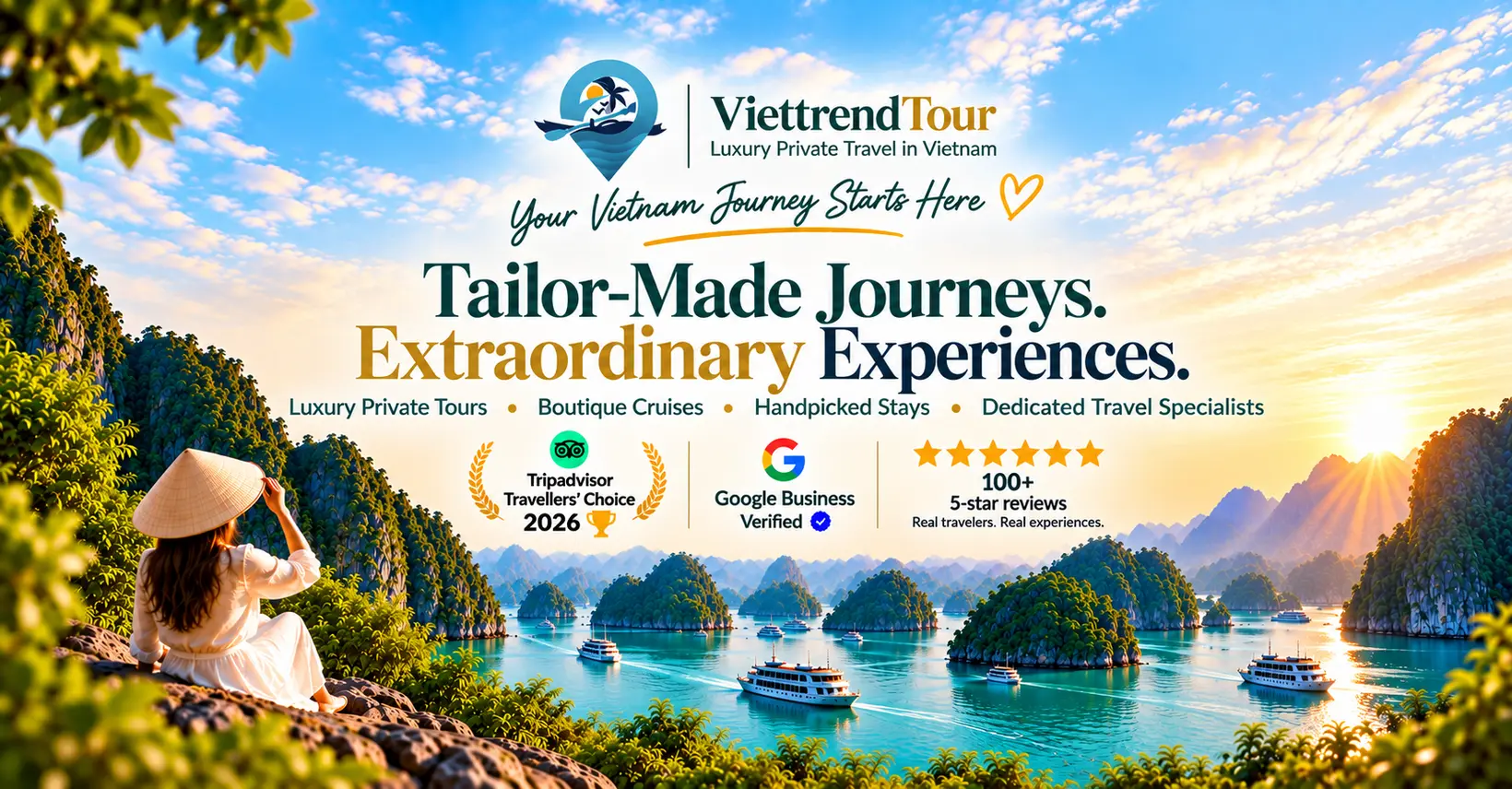 Vietnam private tours - scenic landscape with boats and mountains - ViettrendTour.